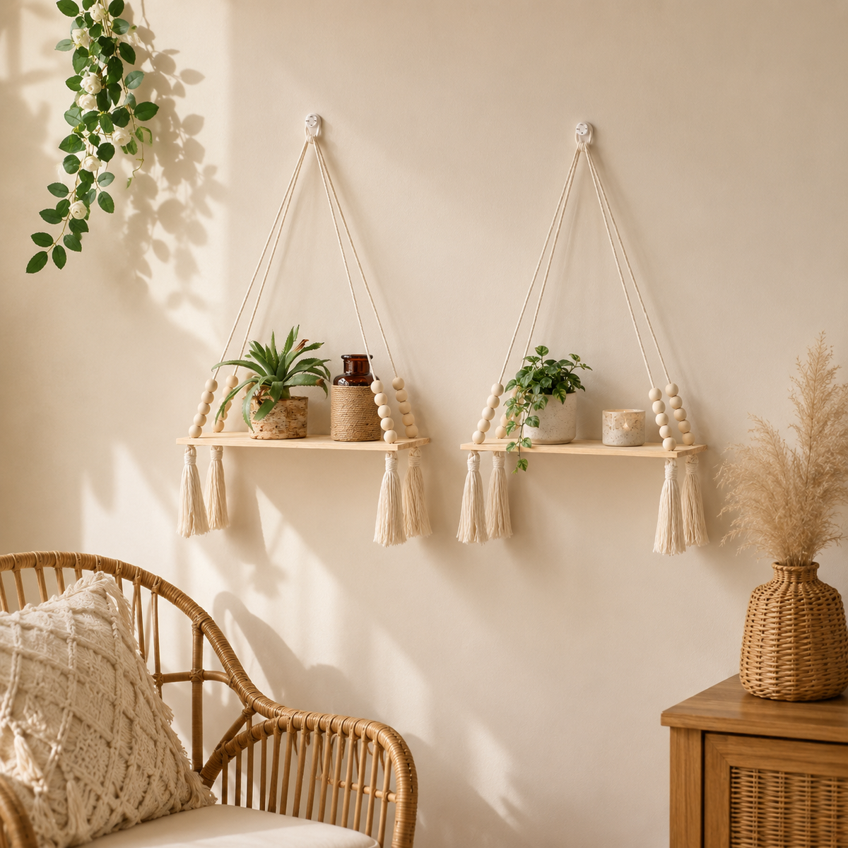 Macrame Rope Hanging Wood Shelf