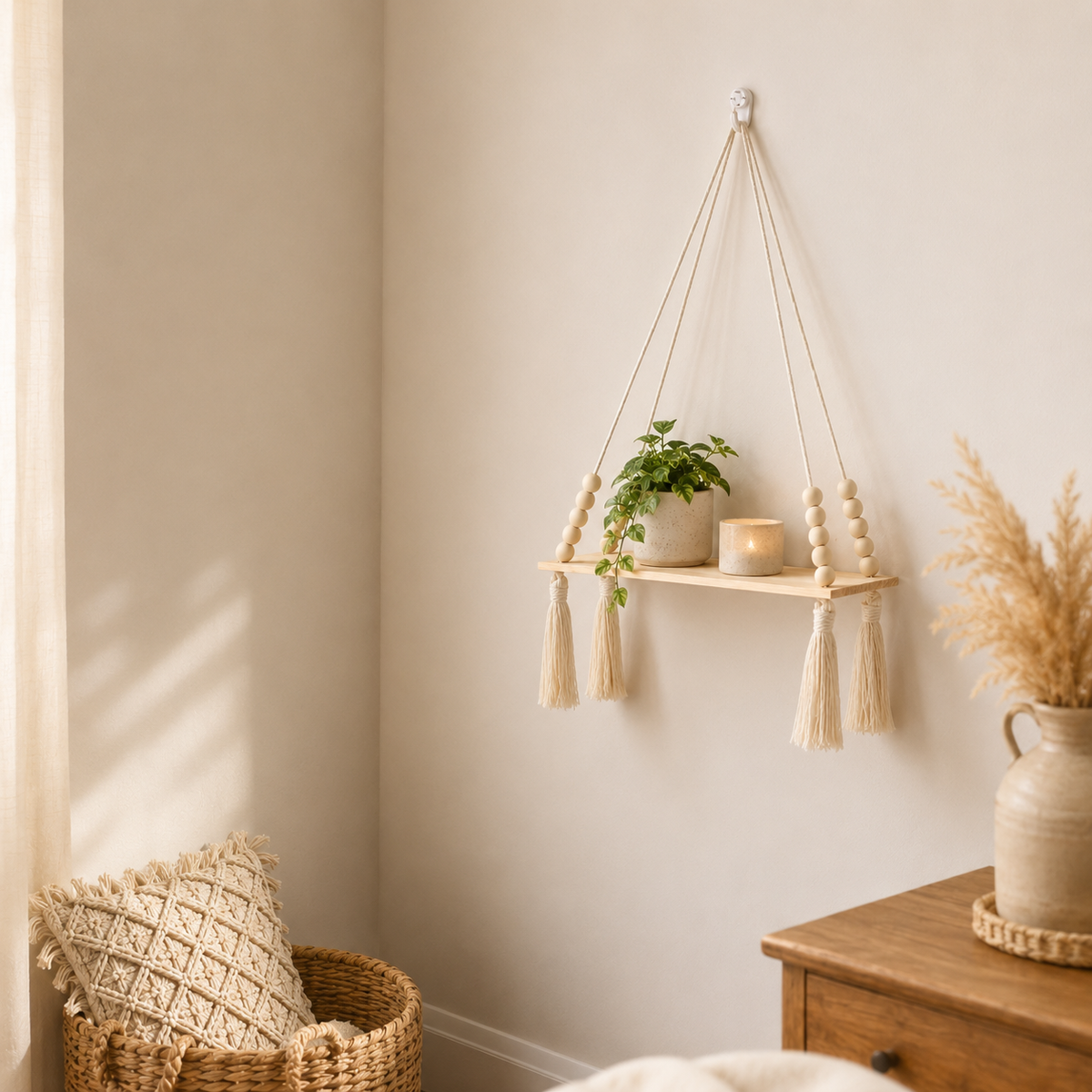 Macrame Rope Hanging Wood Shelf