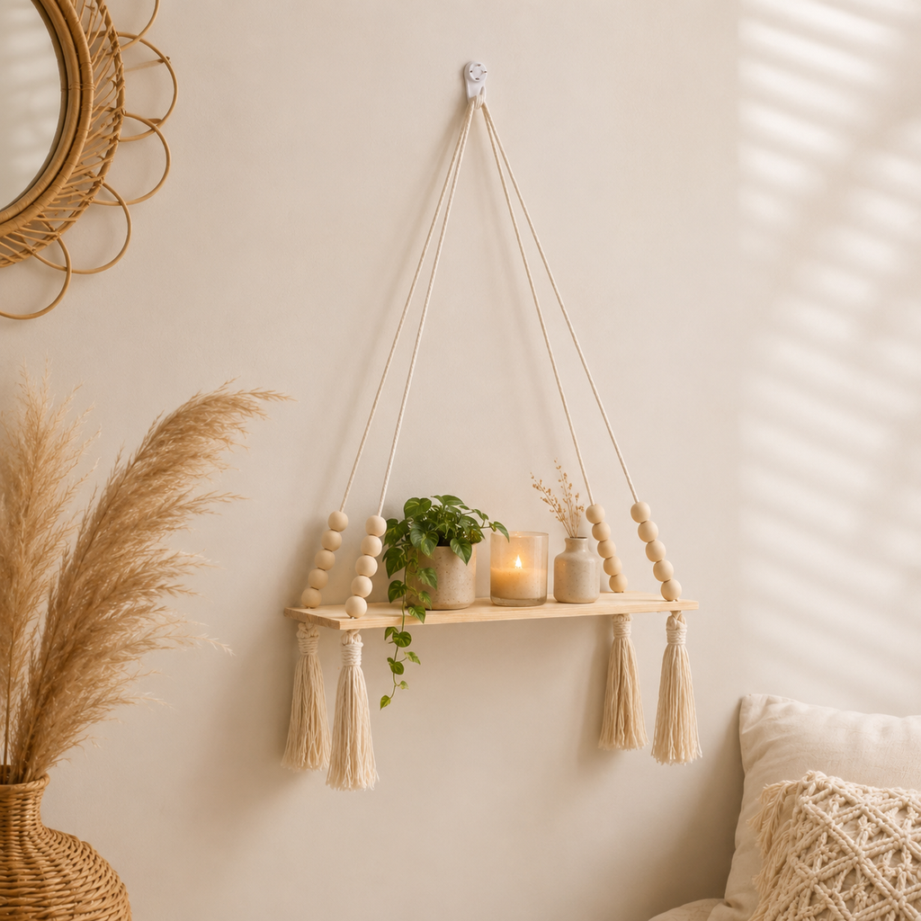 Macrame Rope Hanging Wood Shelf