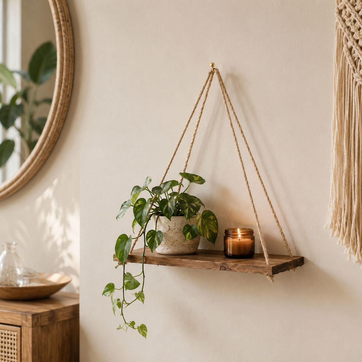 Rope Swing Wood Wall Shelf