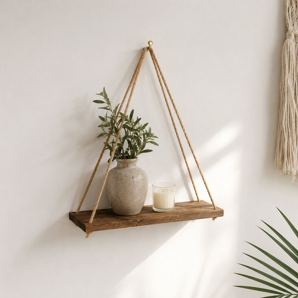 Rope Swing Wood Wall Shelf