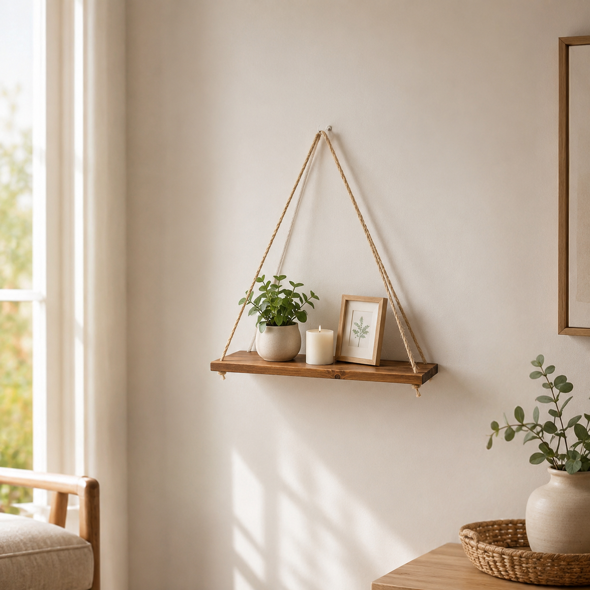 Rope Swing Wood Wall Shelf