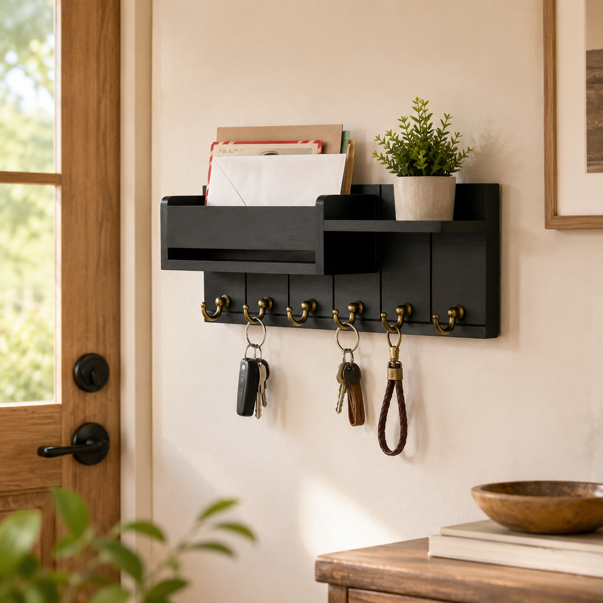 Wall Mail Organizer with 6 Key Hooks