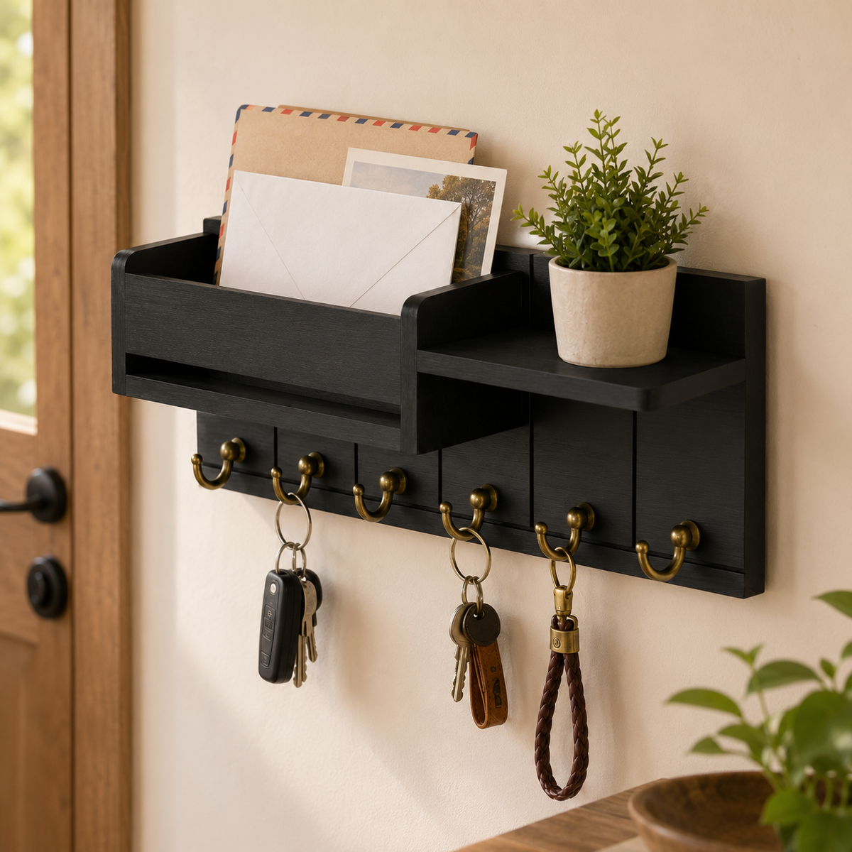 Wall Mail Organizer with 6 Key Hooks