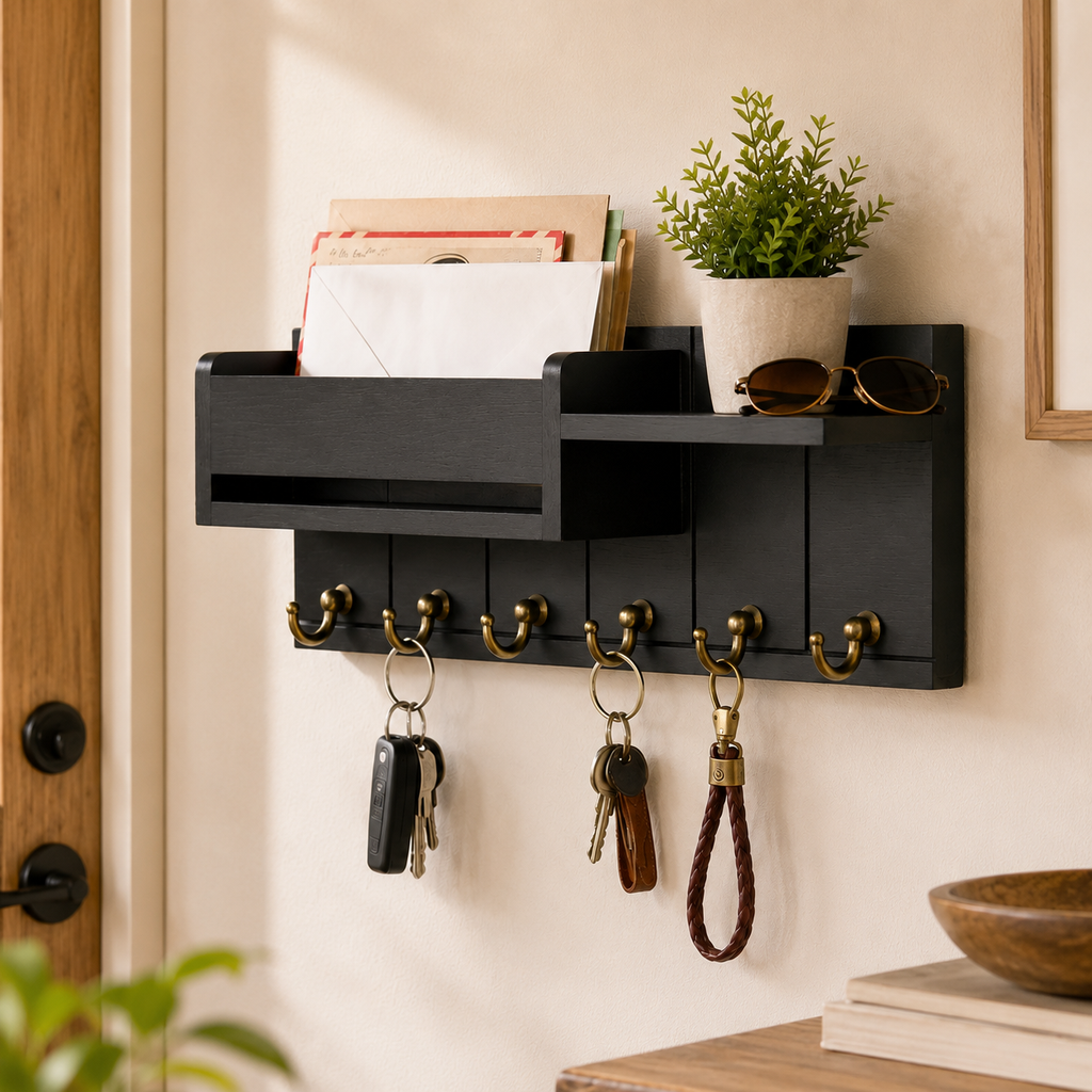 Wall Mail Organizer with 6 Key Hooks