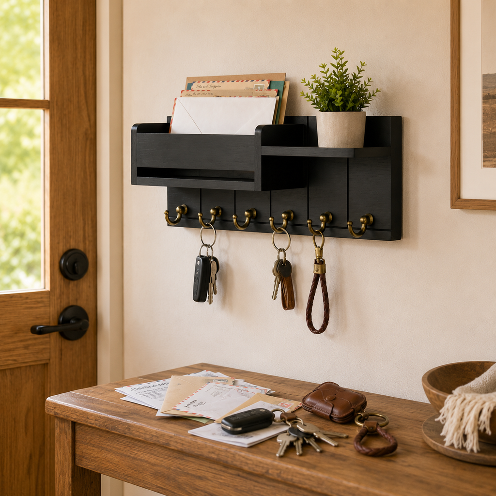 Wall Mail Organizer with 6 Key Hooks