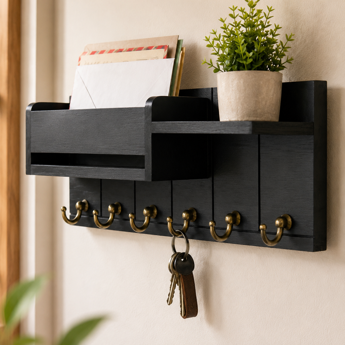 Wall Mail Organizer with 6 Key Hooks