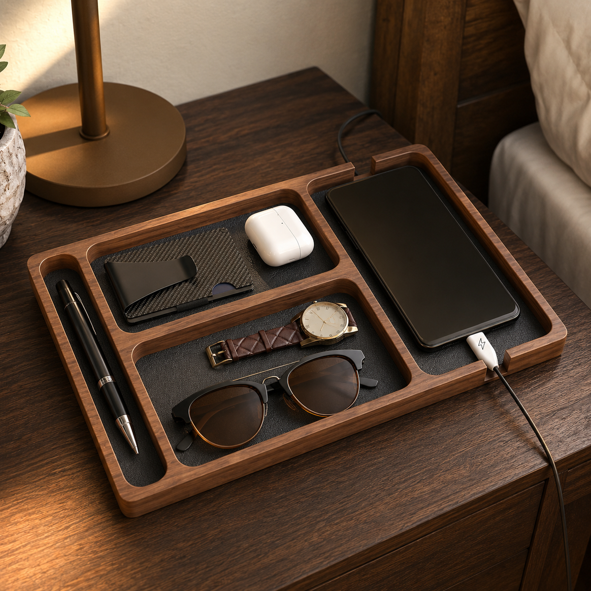 Walnut Desktop Valet & Phone Dock Tray