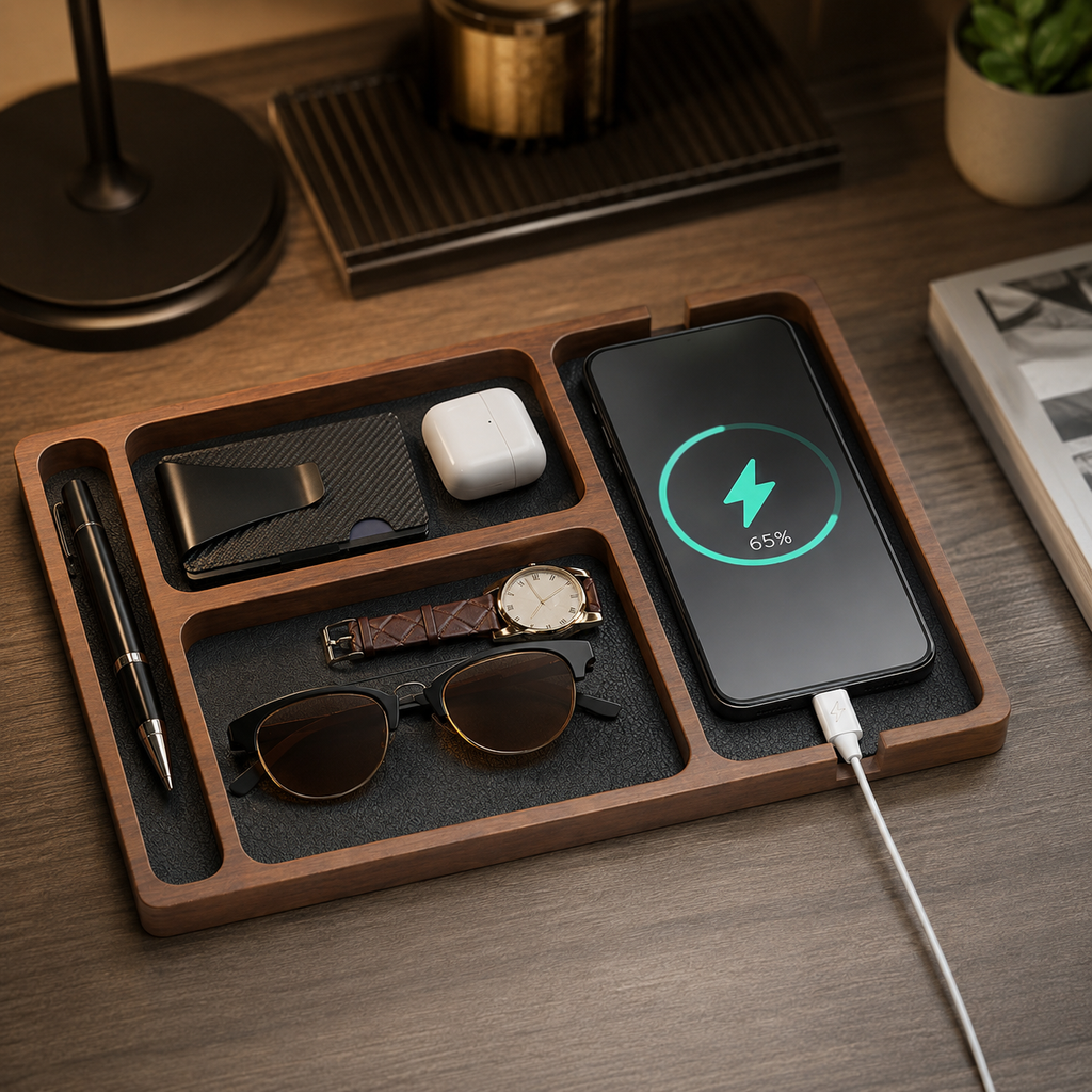 Walnut Desktop Valet & Phone Dock Tray