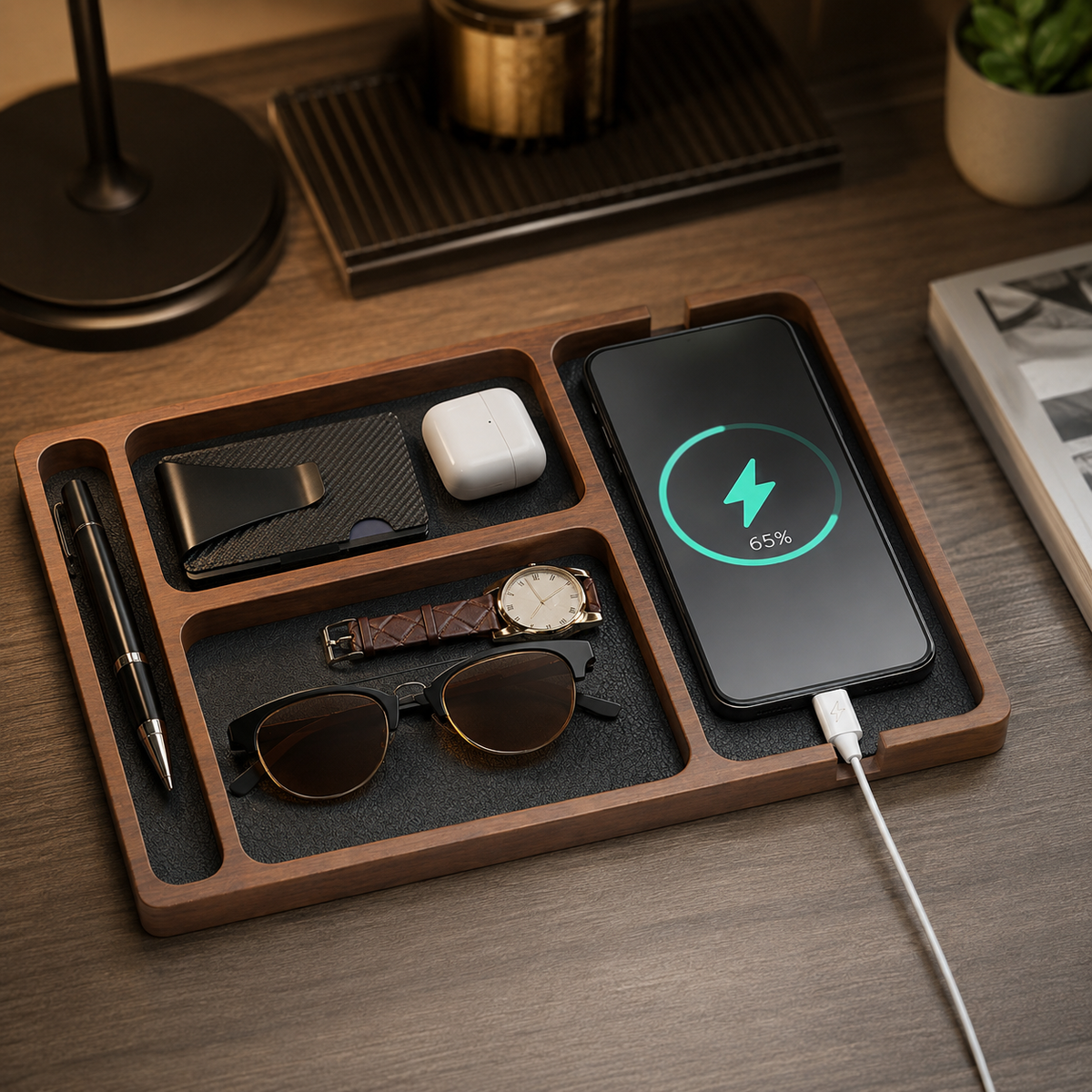 Walnut Desktop Valet & Phone Dock Tray