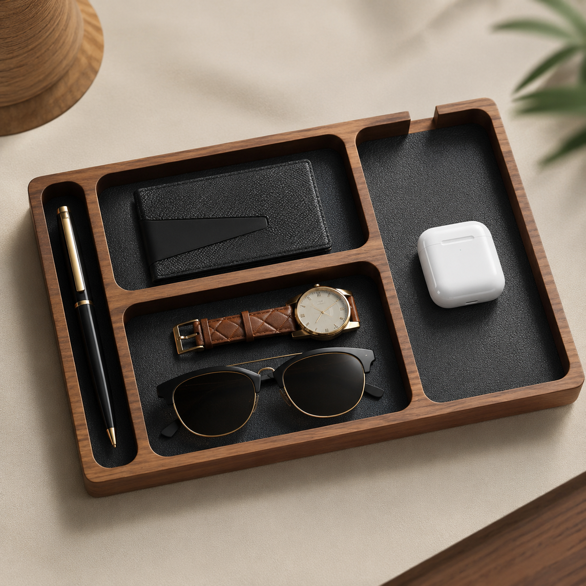 Walnut Desktop Valet & Phone Dock Tray