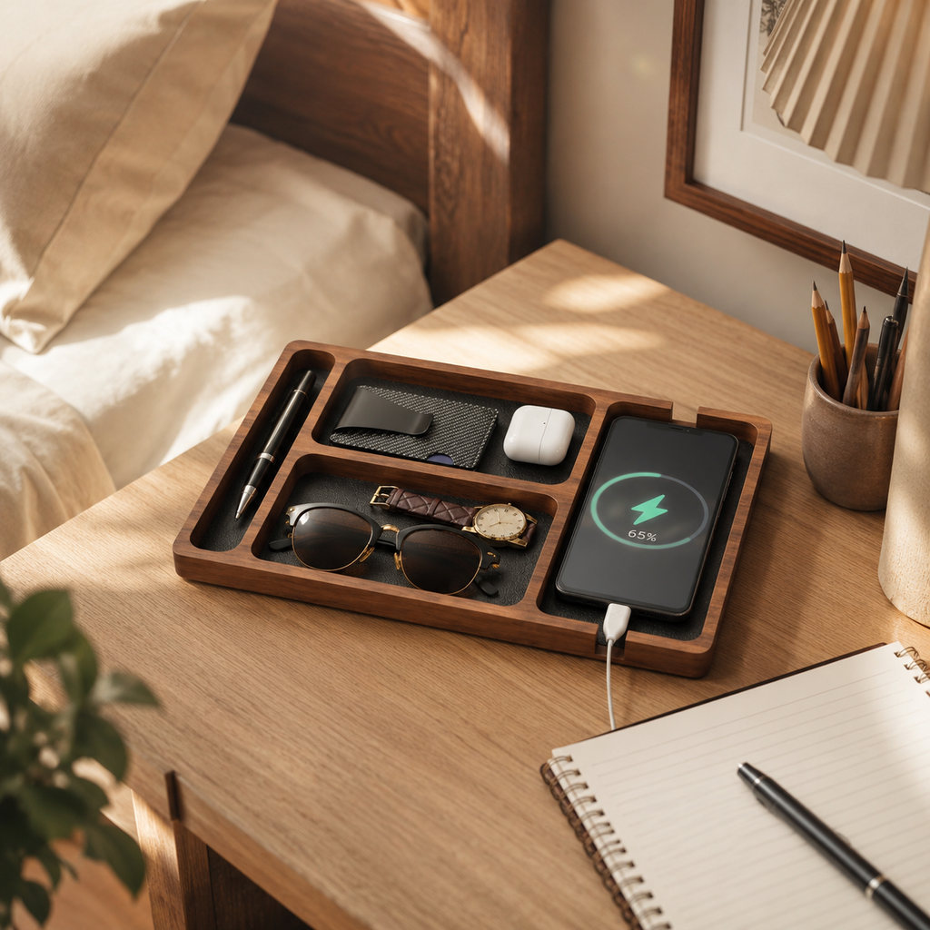 Walnut Desktop Valet & Phone Dock Tray
