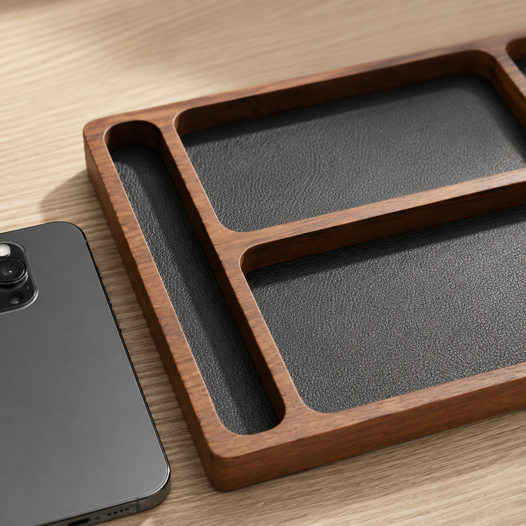 Walnut Desktop Valet & Phone Dock Tray