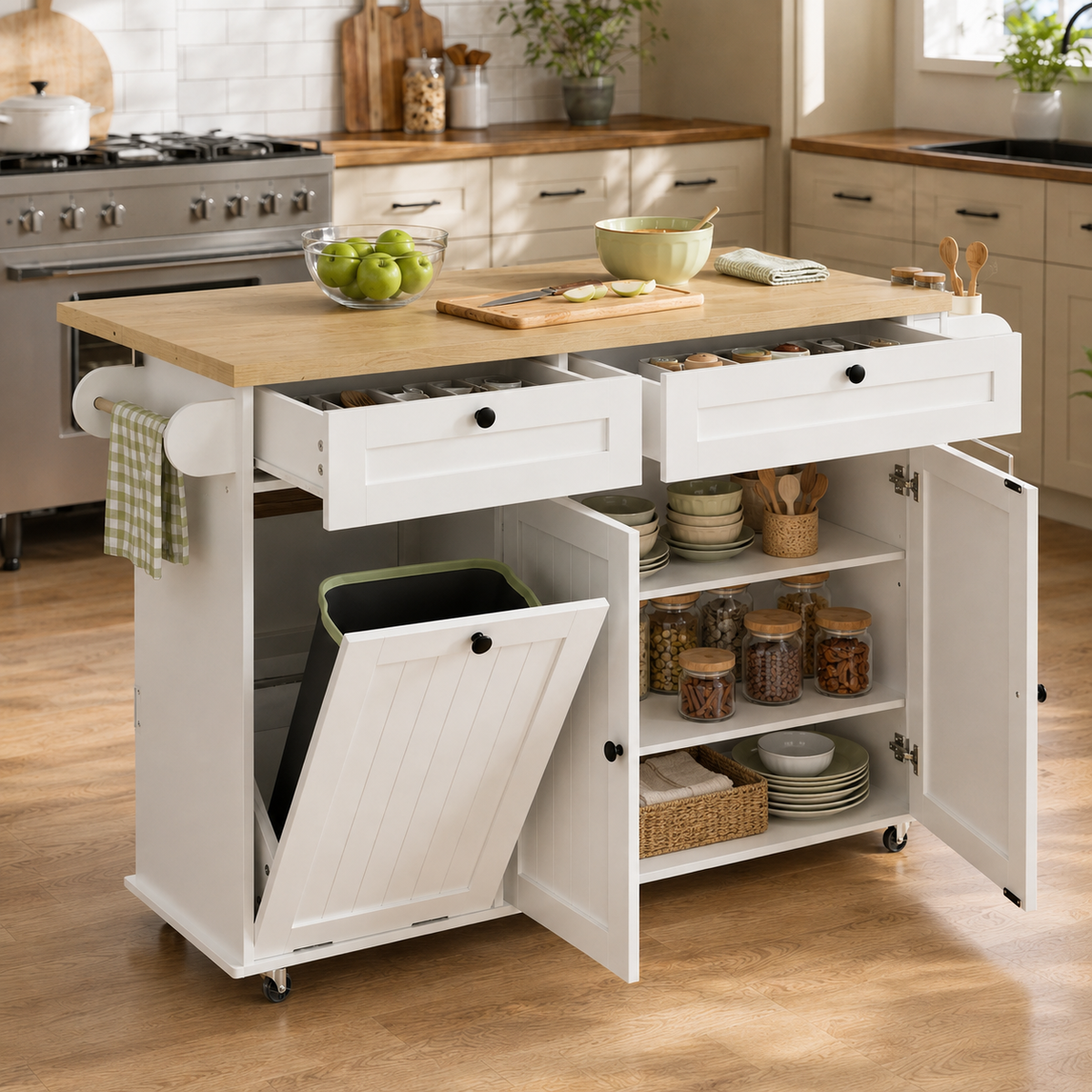 60-Inch Drop-Leaf Rolling Kitchen Island