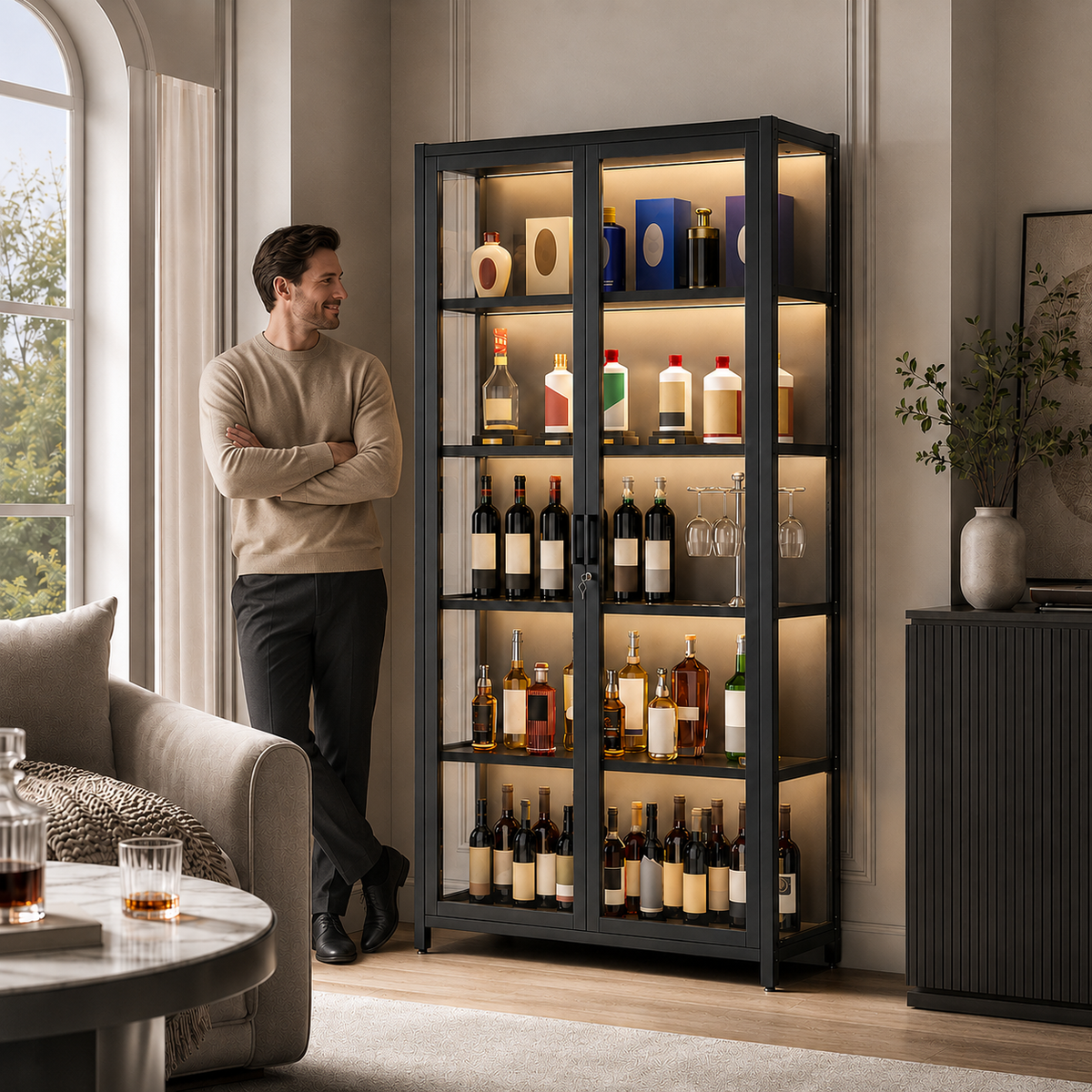 Lockable LED Wine Display Cabinet