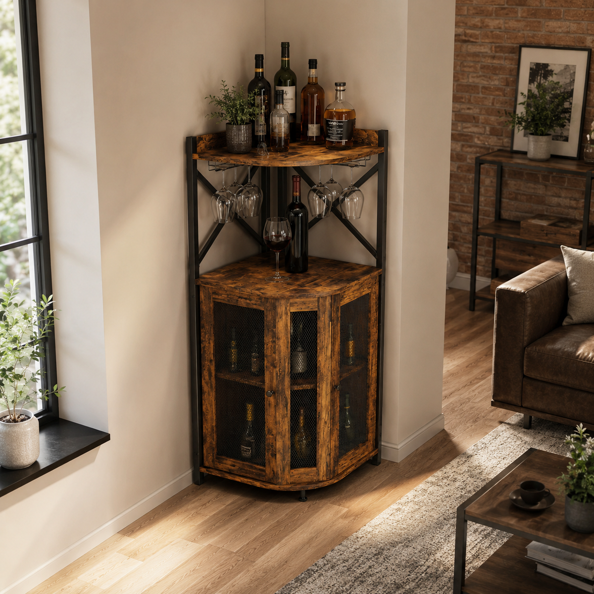 Industrial Corner Bar Cabinet with Stemware Rack