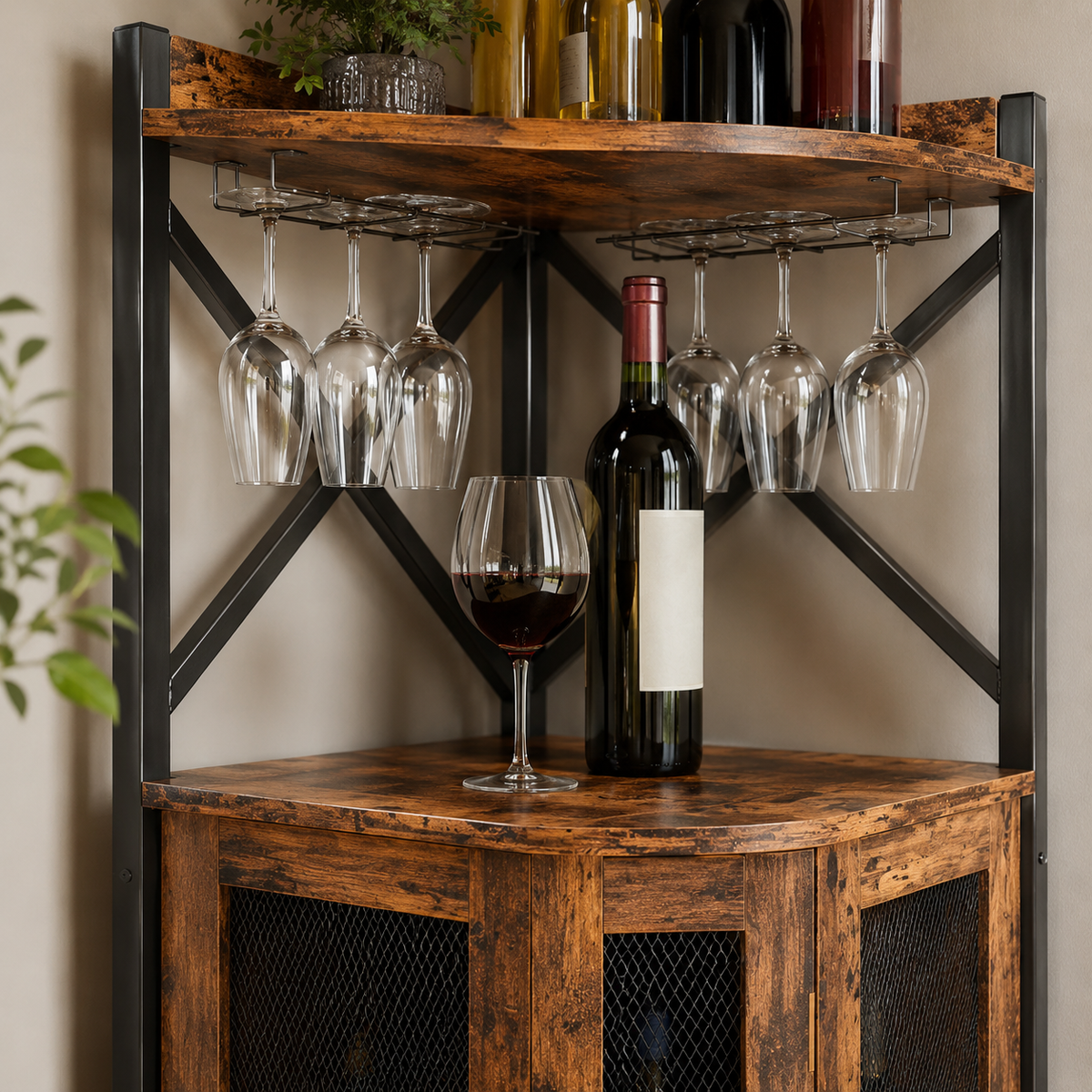 Industrial Corner Bar Cabinet with Stemware Rack