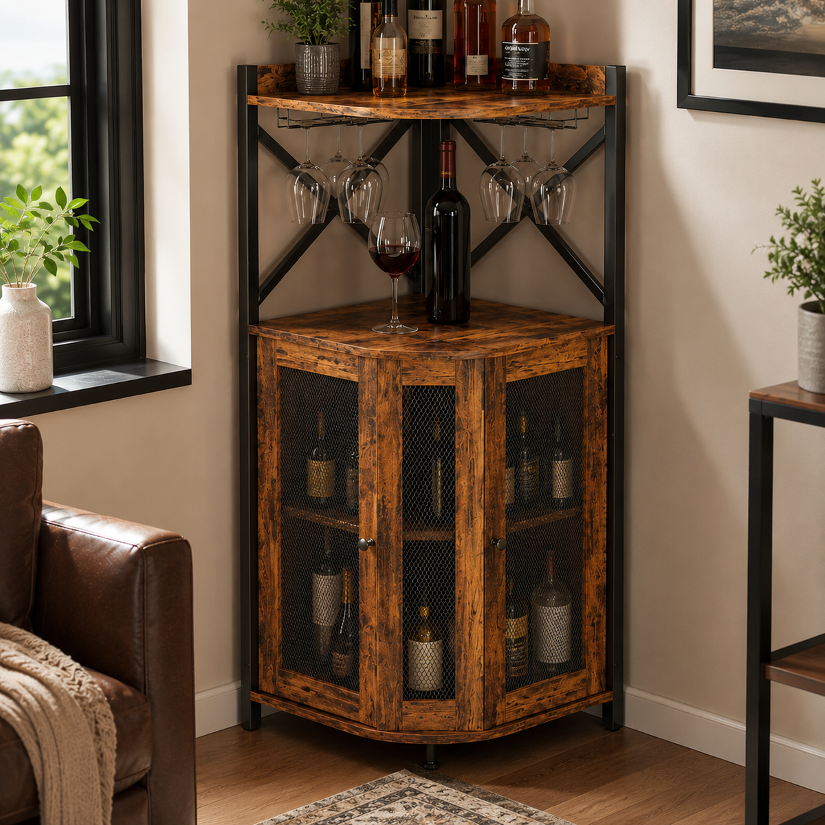 Industrial Corner Bar Cabinet with Stemware Rack