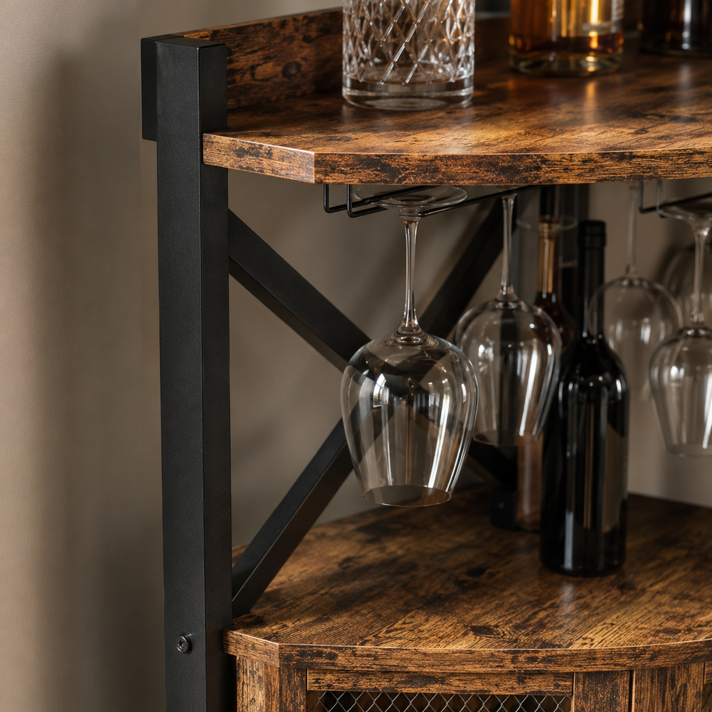 Industrial Corner Bar Cabinet with Stemware Rack