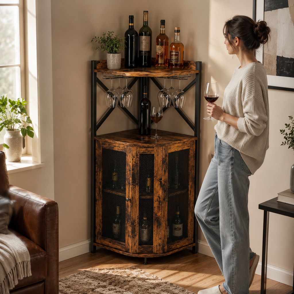 Industrial Corner Bar Cabinet with Stemware Rack