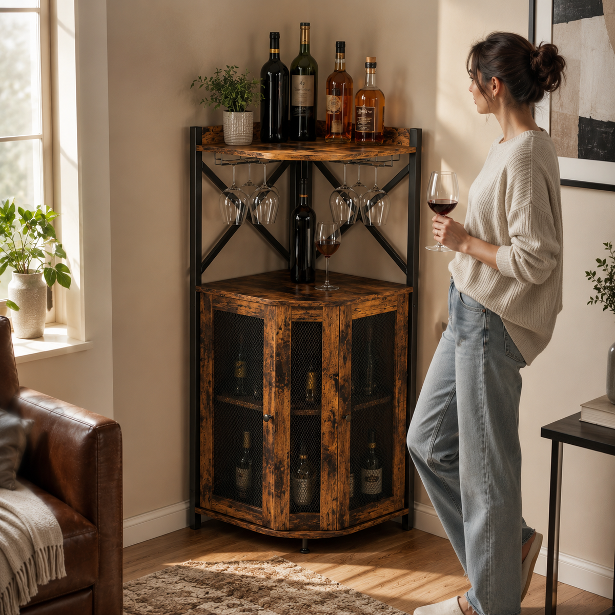 Industrial Corner Bar Cabinet with Stemware Rack