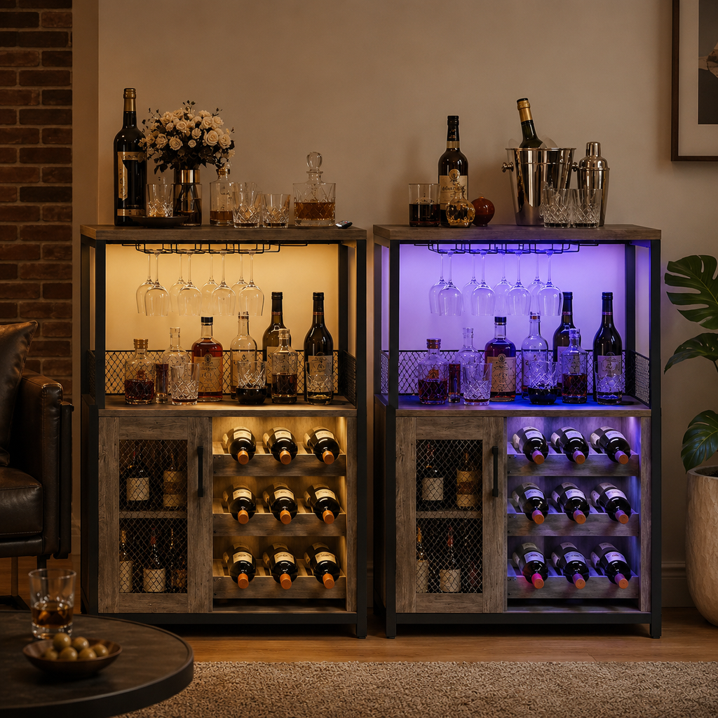 Industrial LED Bar Cabinet with Wine Rack