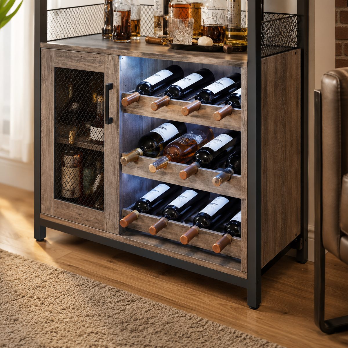 Industrial LED Bar Cabinet with Wine Rack
