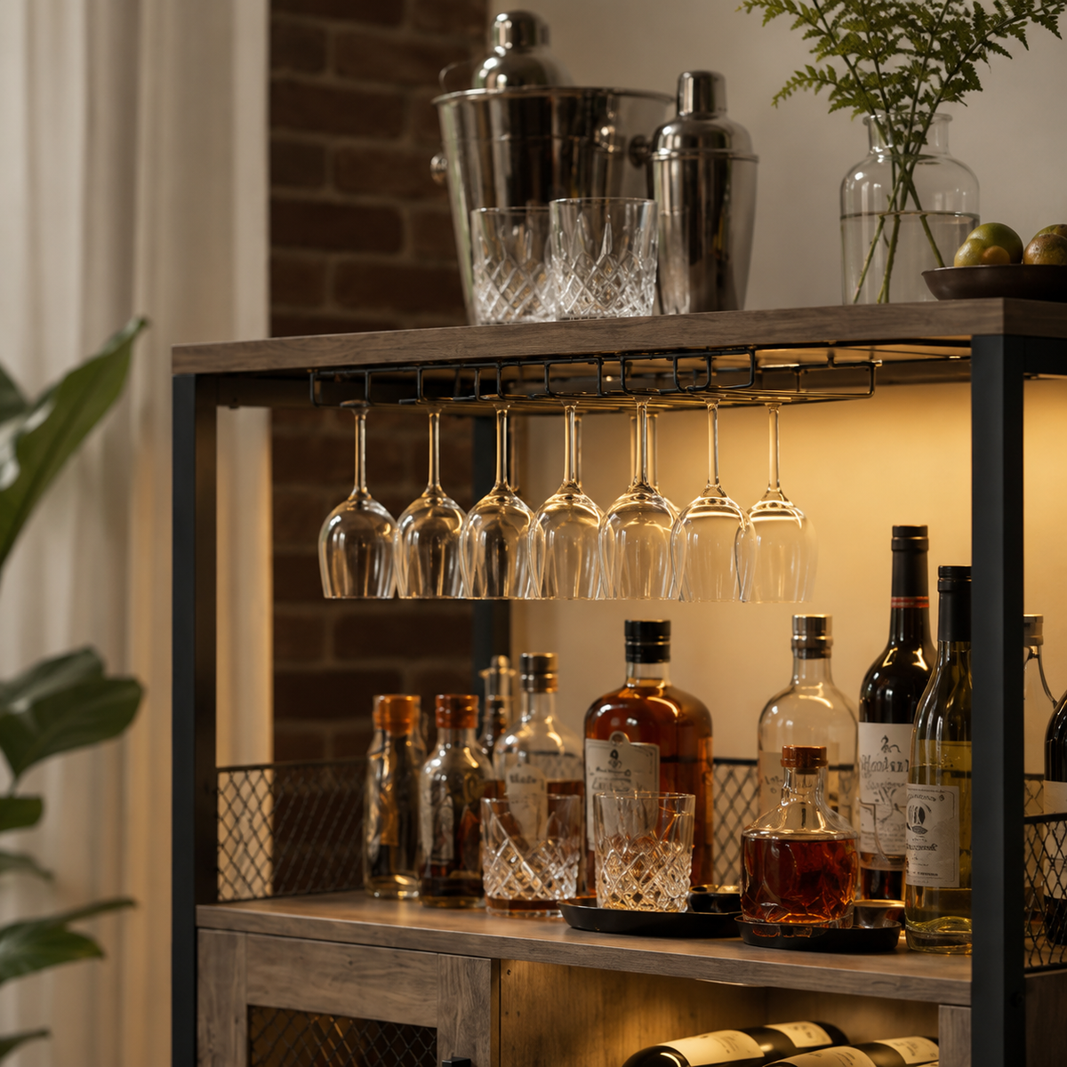 Industrial LED Bar Cabinet with Wine Rack