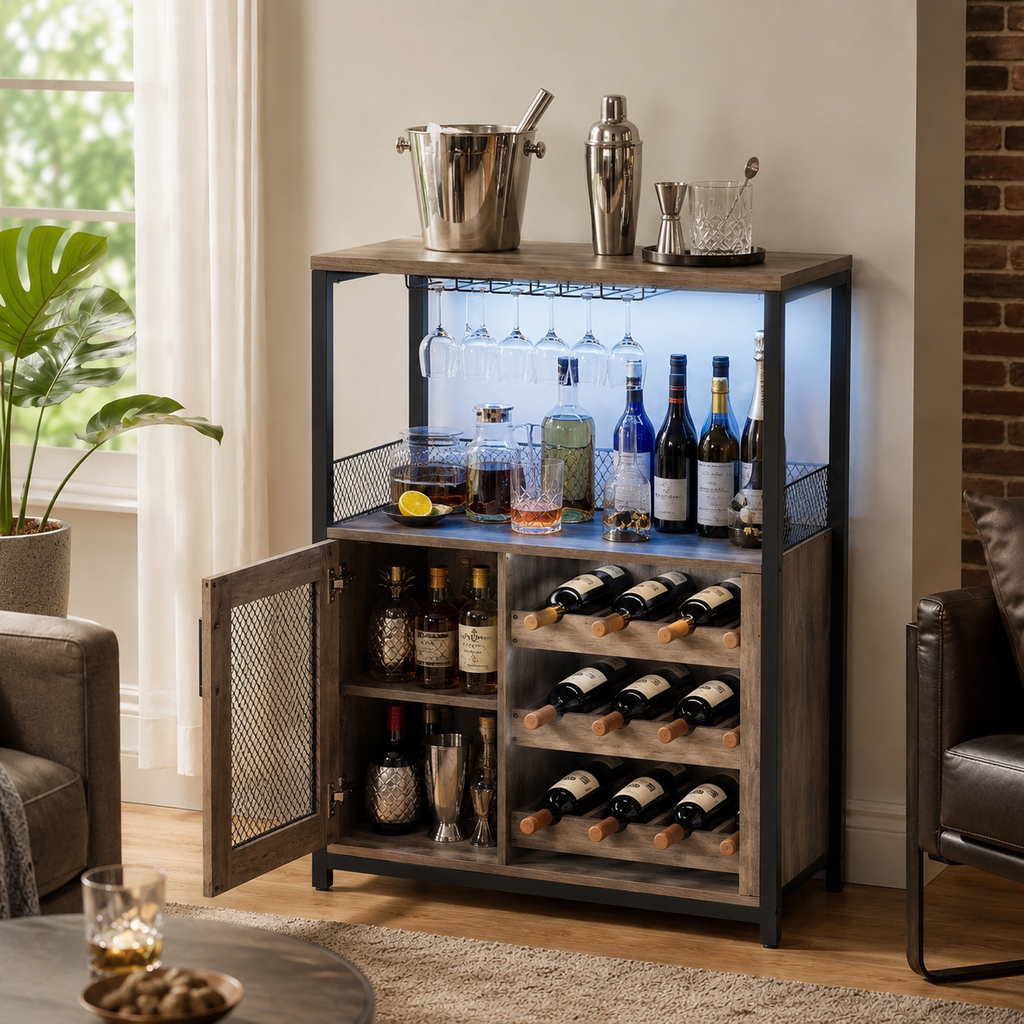 Industrial LED Bar Cabinet with Wine Rack