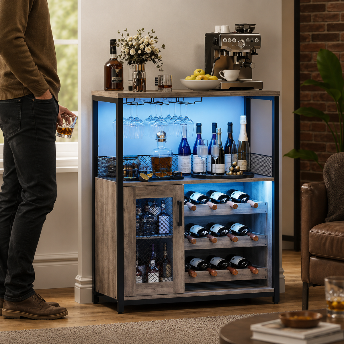 Industrial LED Bar Cabinet with Wine Rack