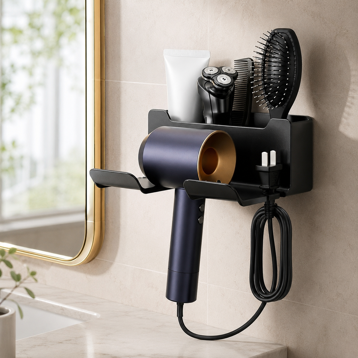 No-Drill Hair Dryer Holder & Vanity Caddy