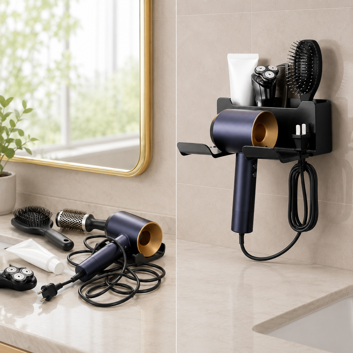 No-Drill Hair Dryer Holder & Vanity Caddy
