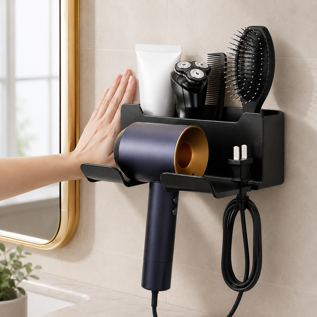 No-Drill Hair Dryer Holder & Vanity Caddy