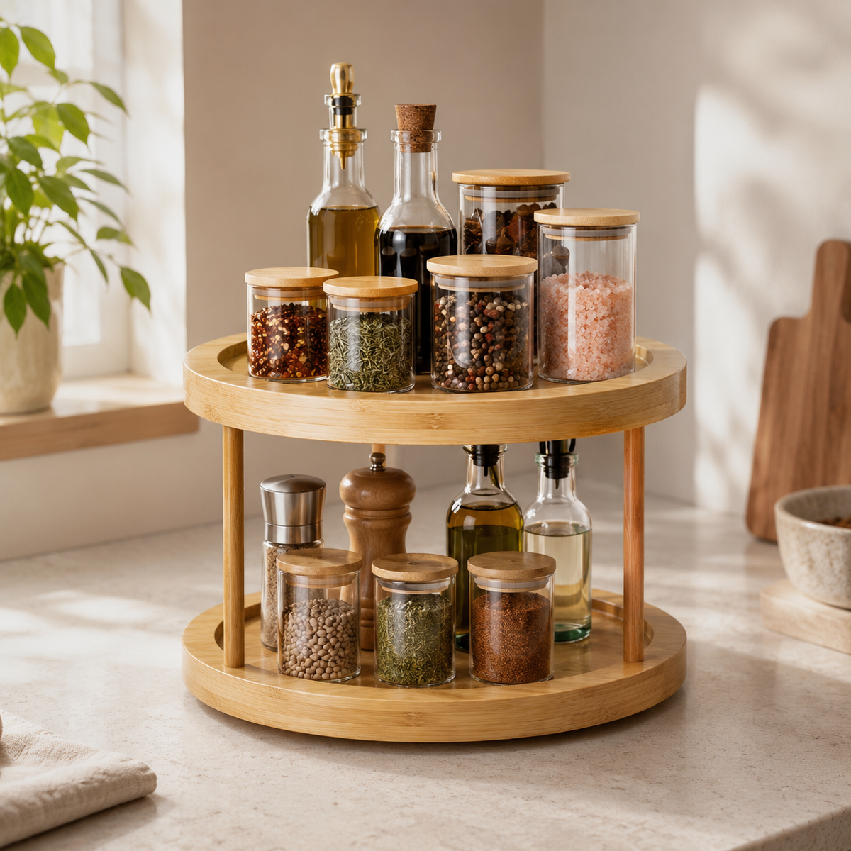 2-Tier Bamboo Lazy Susan Turntable