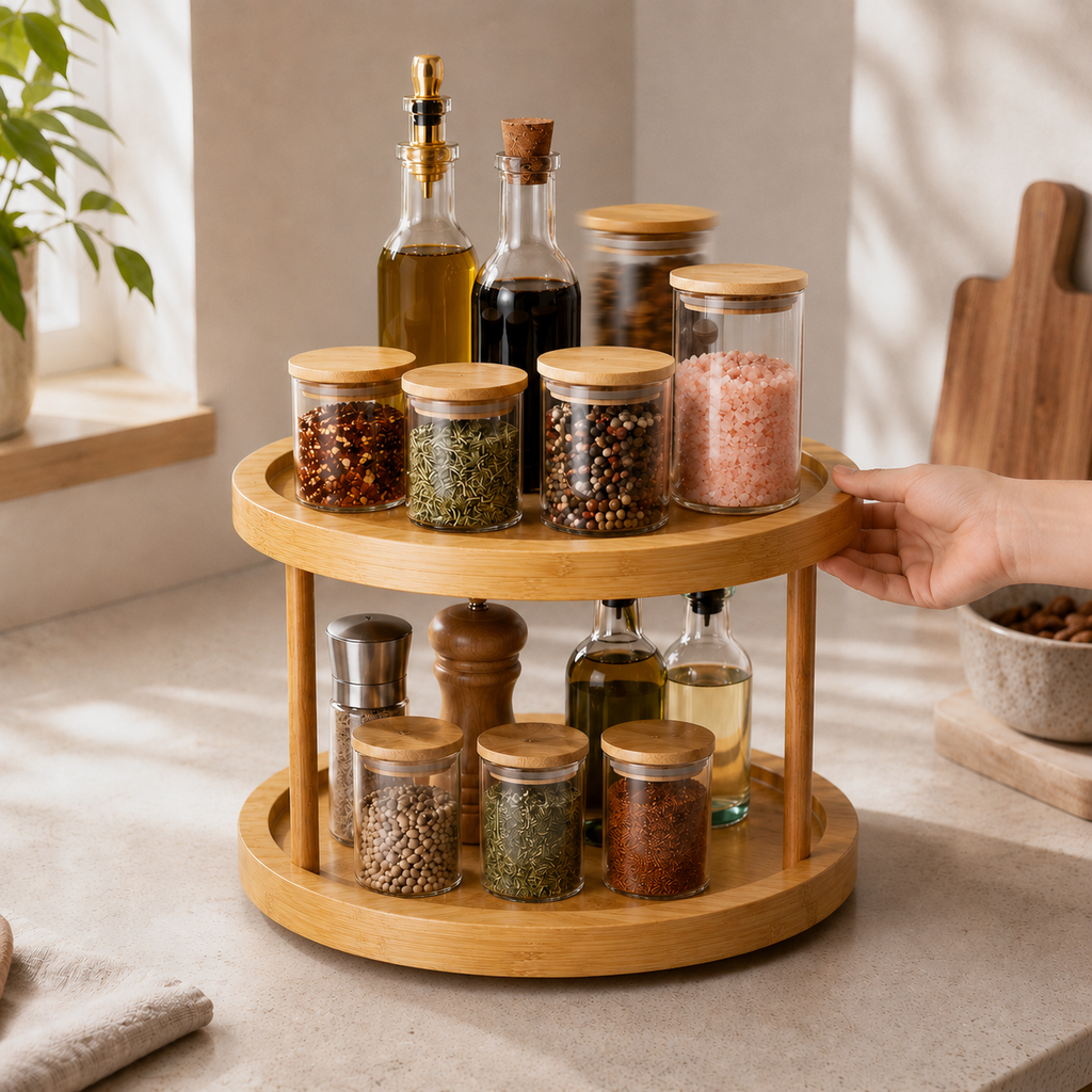 2-Tier Bamboo Lazy Susan Turntable