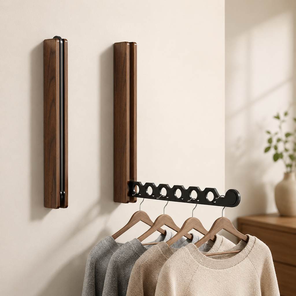 Walnut Folding Wall-Mounted Clothes Hanger