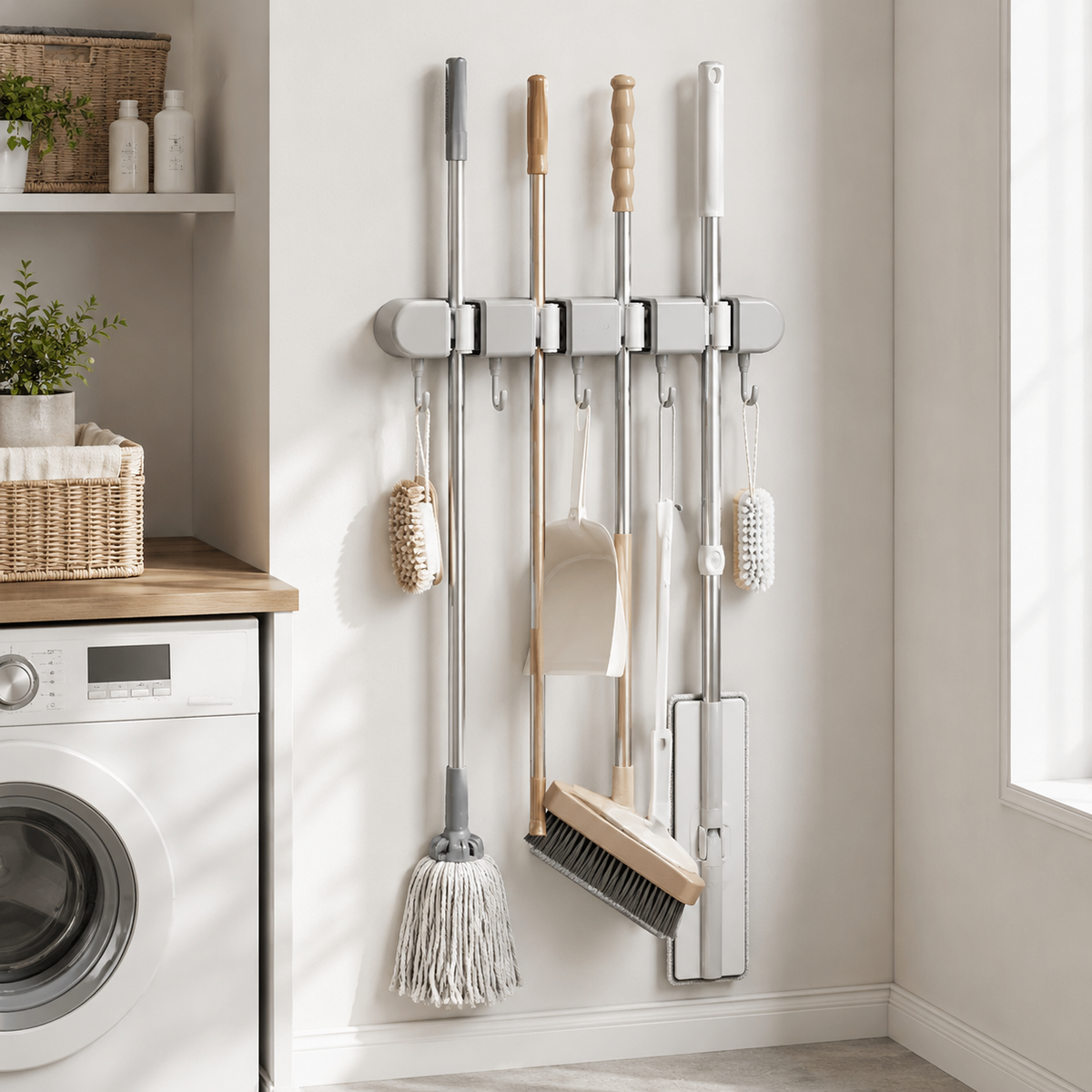 Wall-Mounted Mop & Broom Holder with Hooks