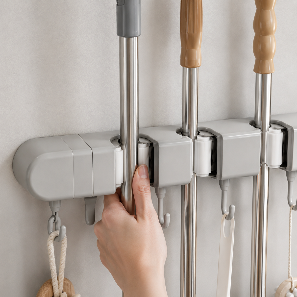 Wall-Mounted Mop & Broom Holder with Hooks