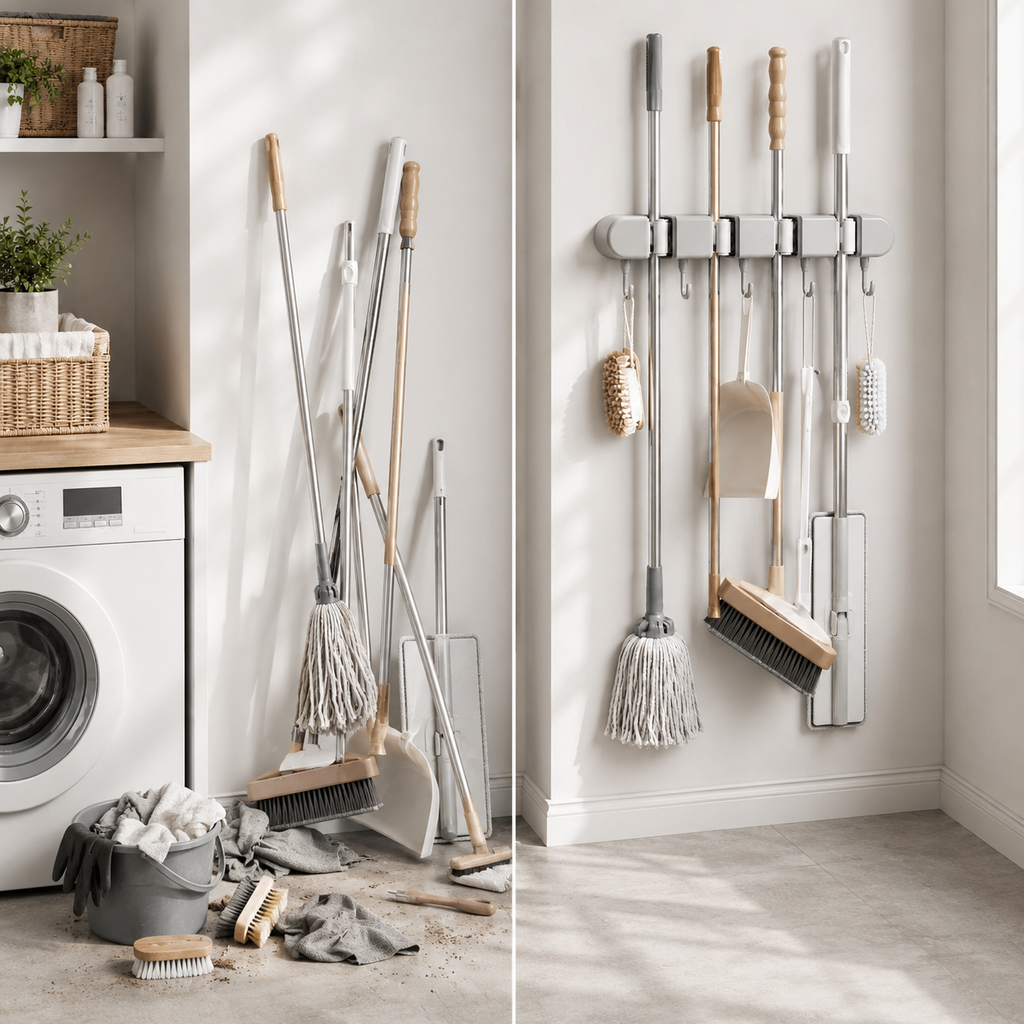 Wall-Mounted Mop & Broom Holder with Hooks