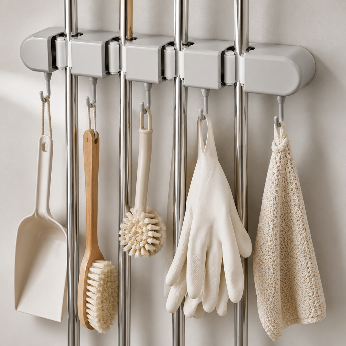Wall-Mounted Mop & Broom Holder with Hooks