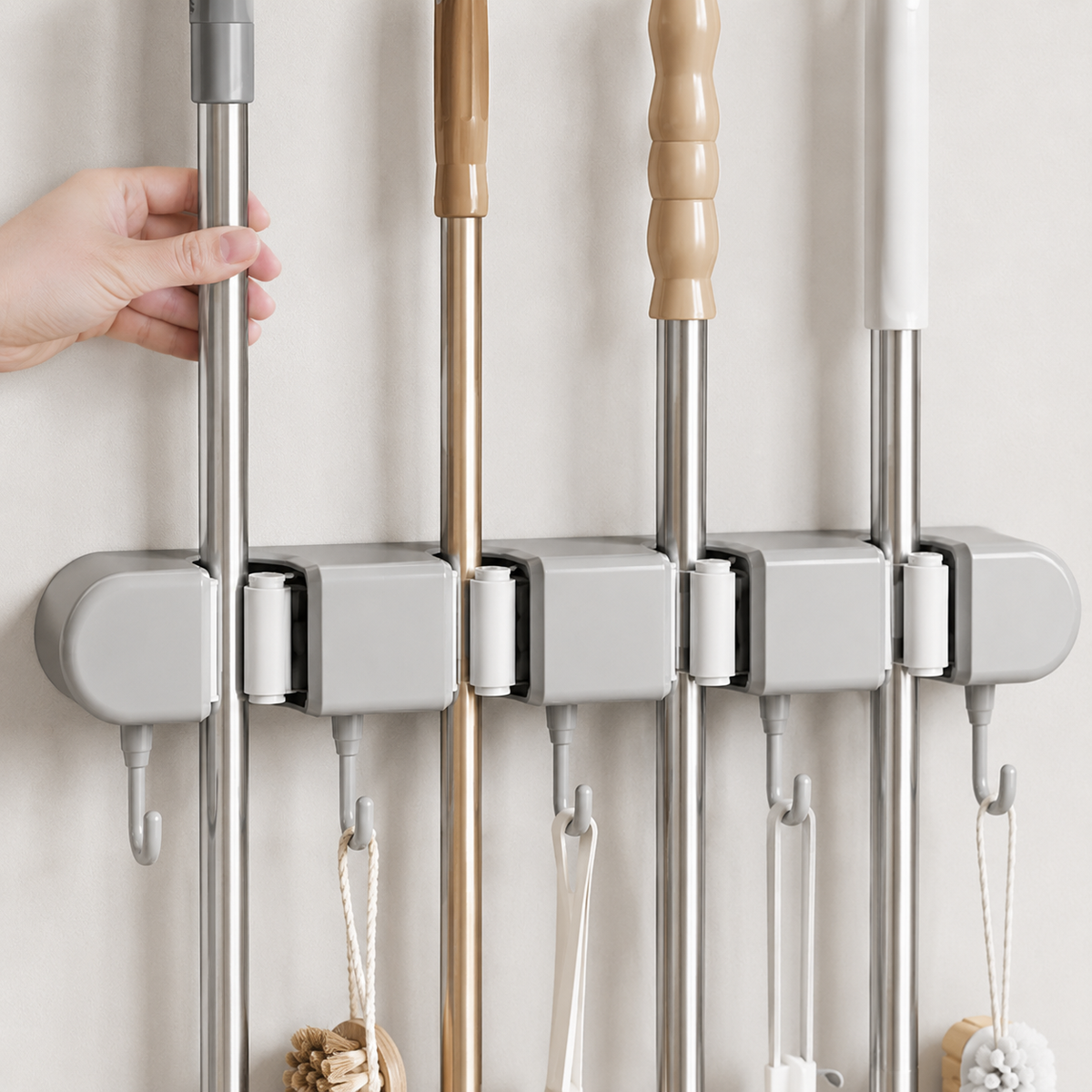Wall-Mounted Mop & Broom Holder with Hooks