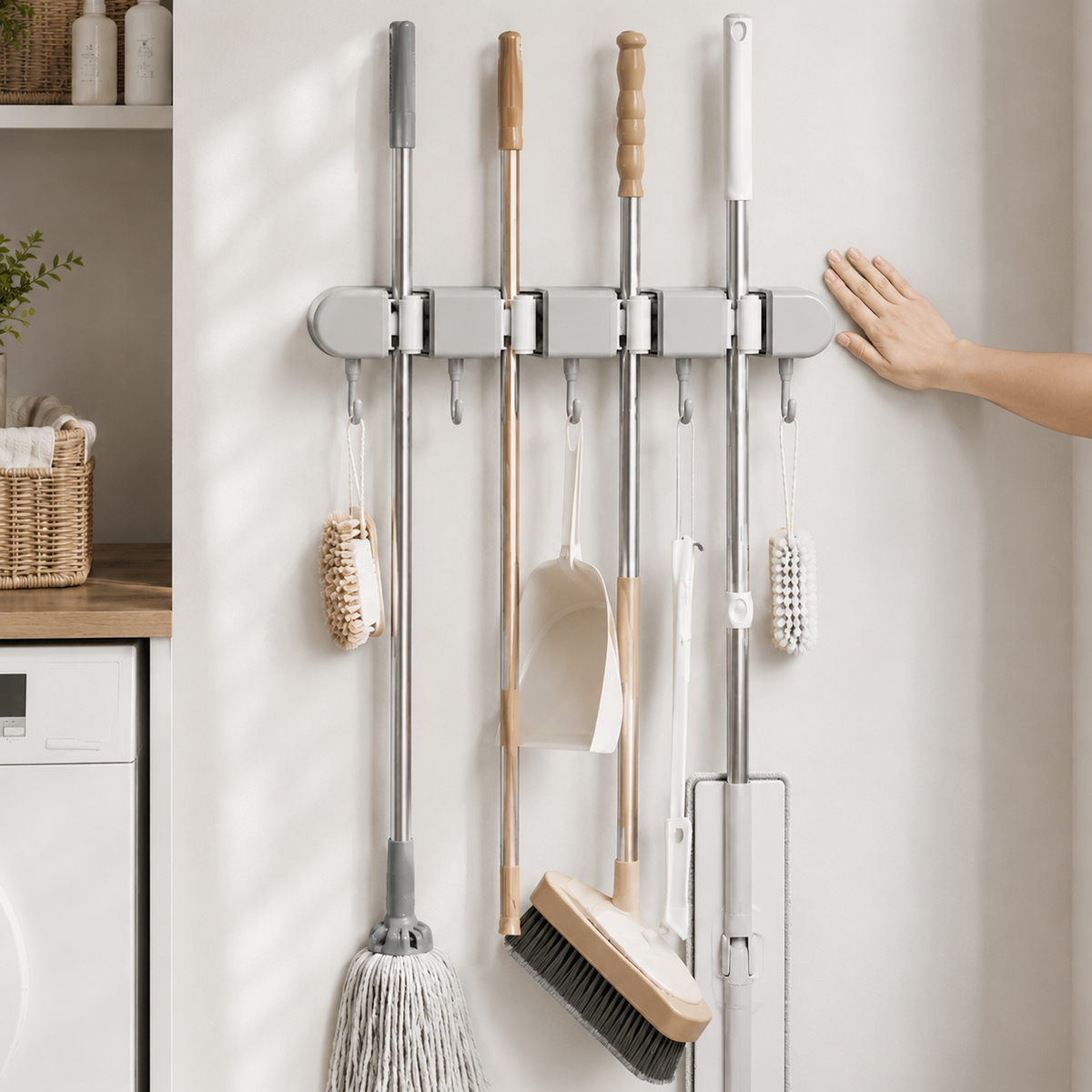 Wall-Mounted Mop & Broom Holder with Hooks