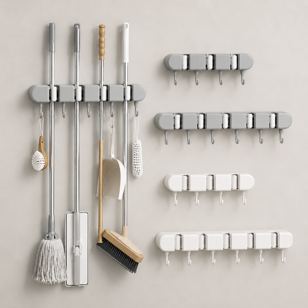 Wall-Mounted Mop & Broom Holder with Hooks