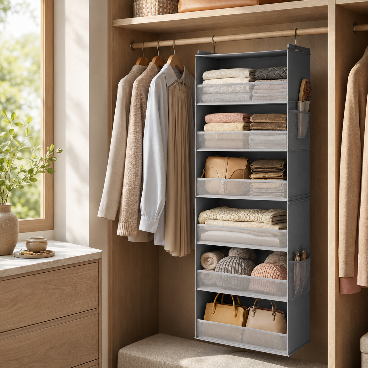 6-Shelf Hanging Closet Organizer with Side Pockets