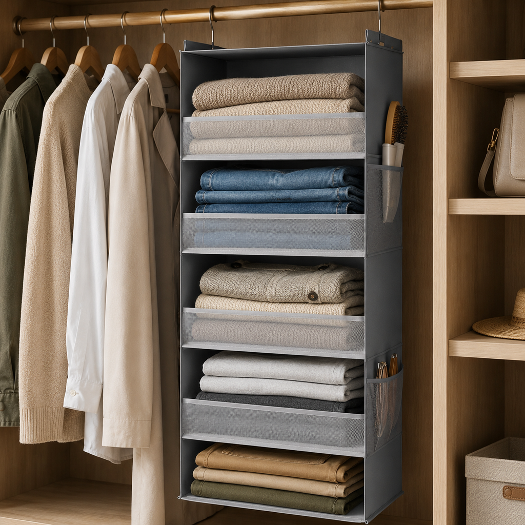 6-Shelf Hanging Closet Organizer with Side Pockets