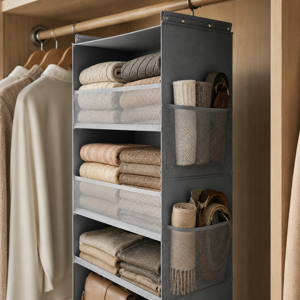 6-Shelf Hanging Closet Organizer with Side Pockets