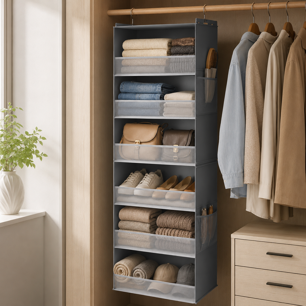 6-Shelf Hanging Closet Organizer with Side Pockets