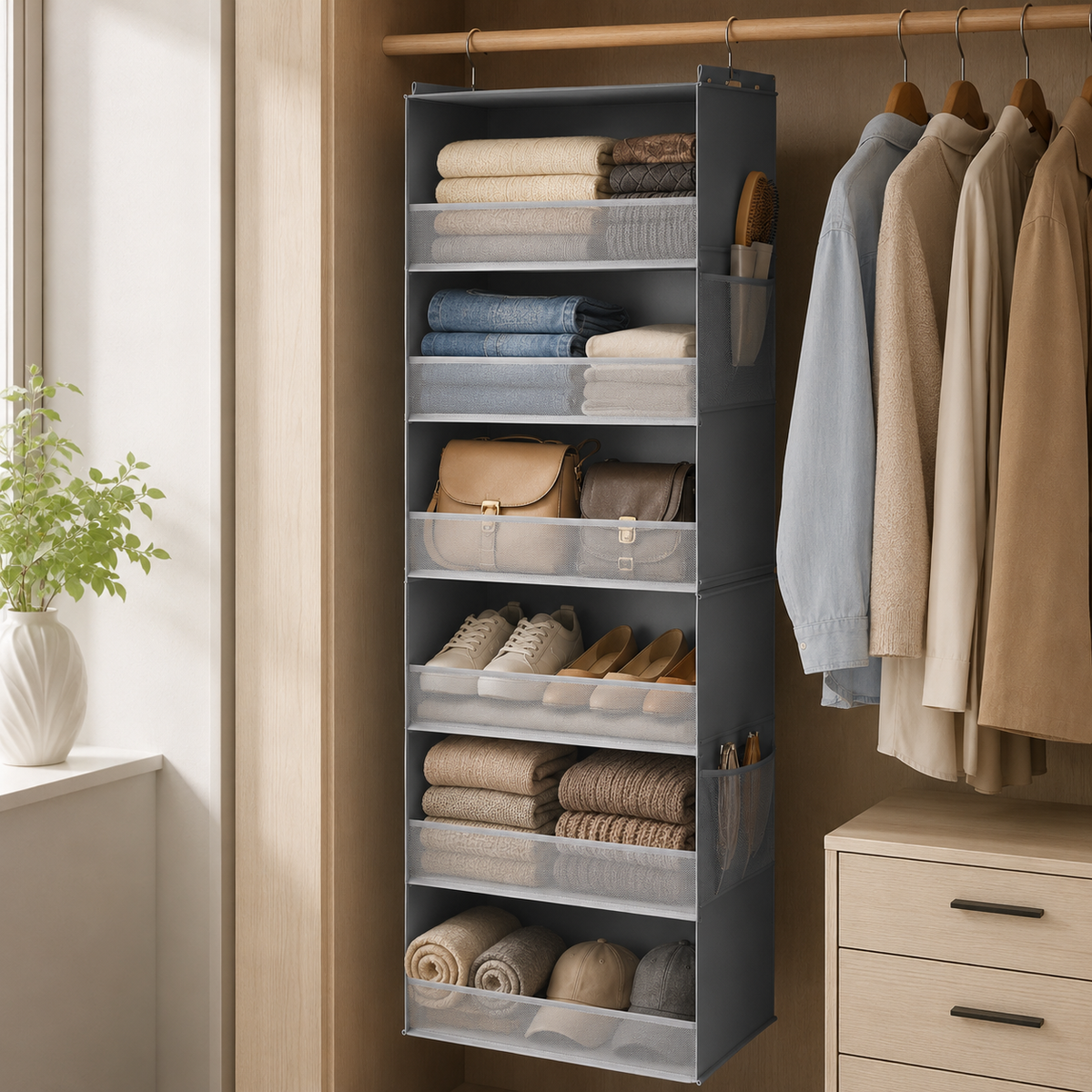 6-Shelf Hanging Closet Organizer with Side Pockets