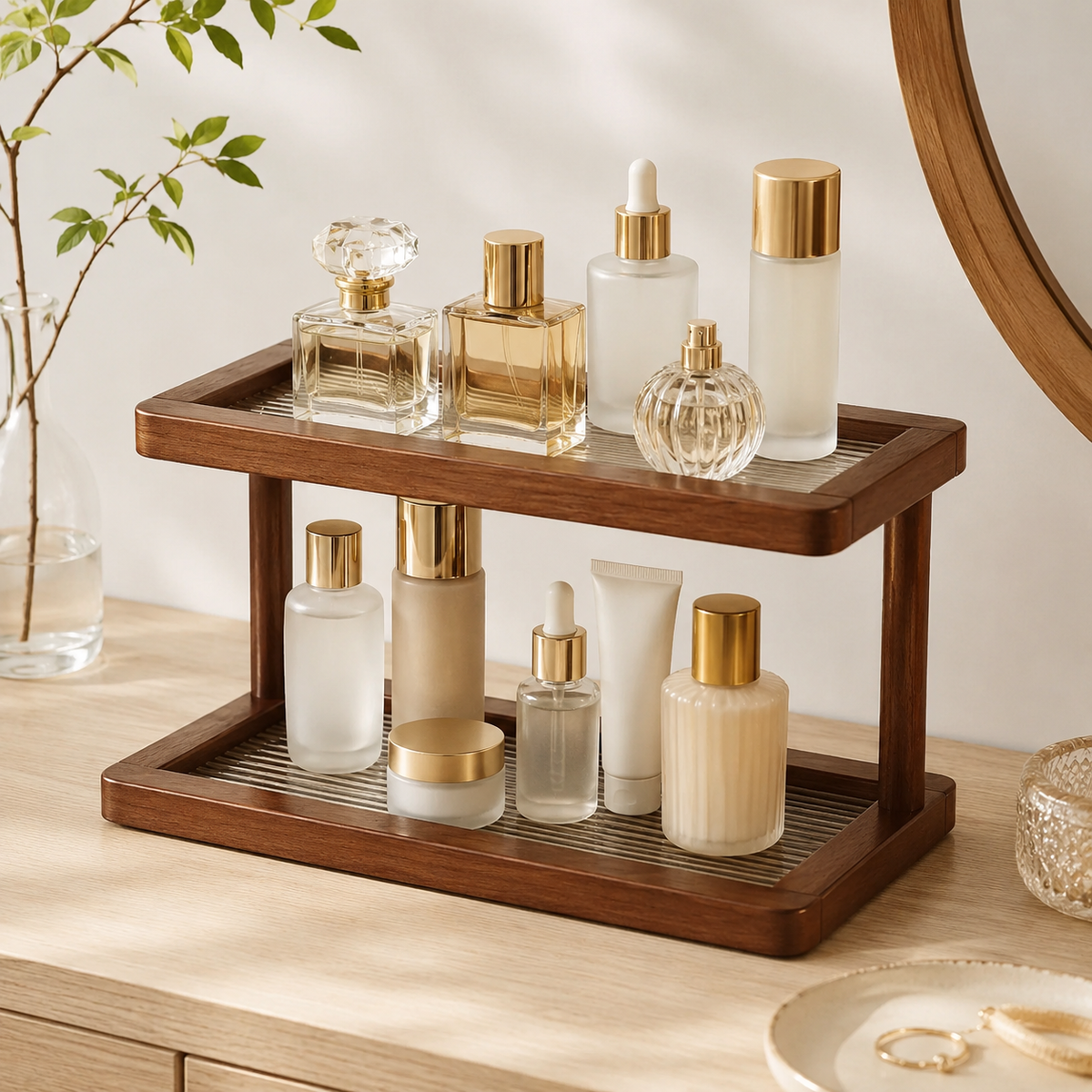 2-Tier Walnut Bamboo Countertop Shelf