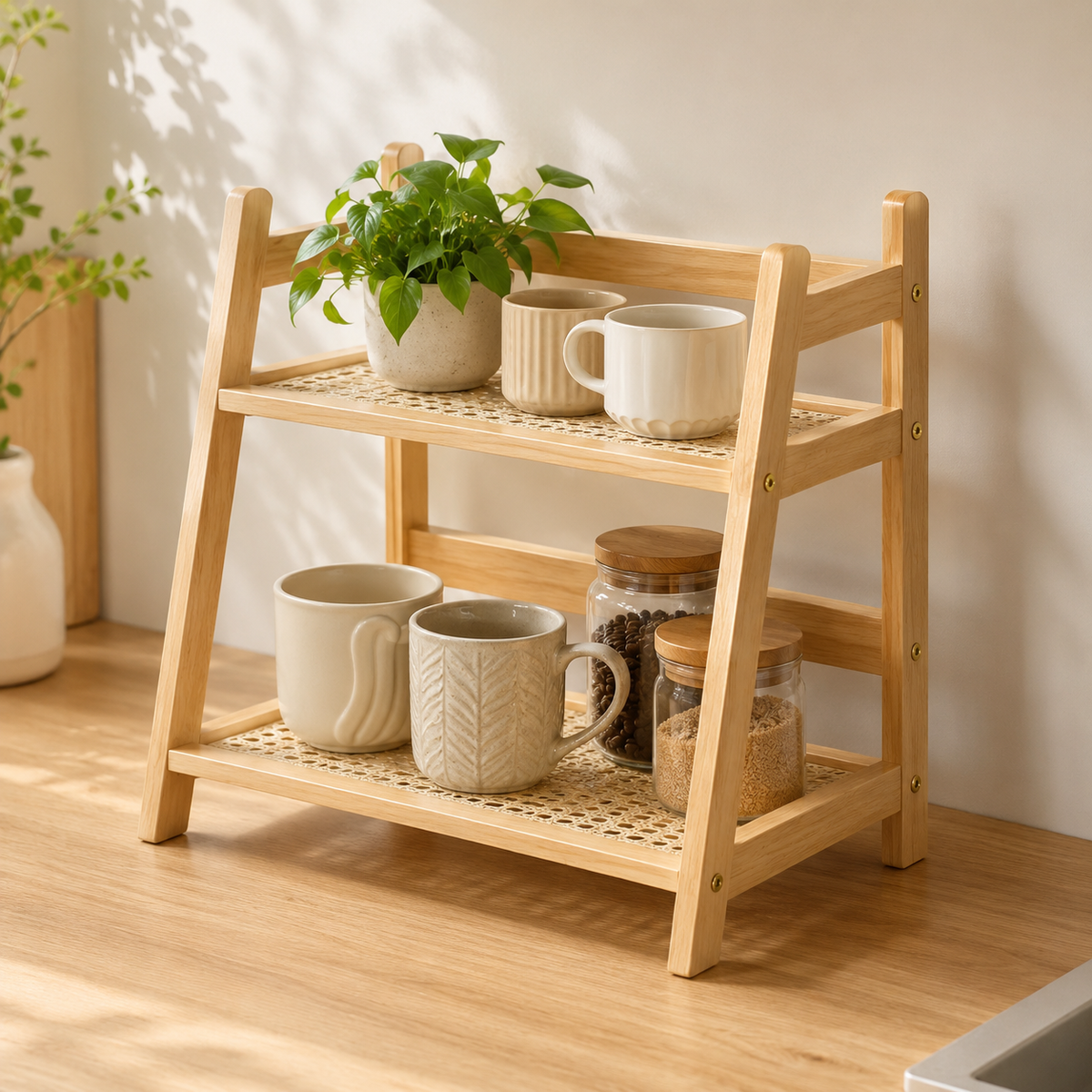 2-Tier Bamboo Ladder Countertop Shelf